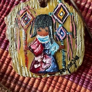 Ted Degrazia pendant southwest hand painted Indian girl necklace resin wood look